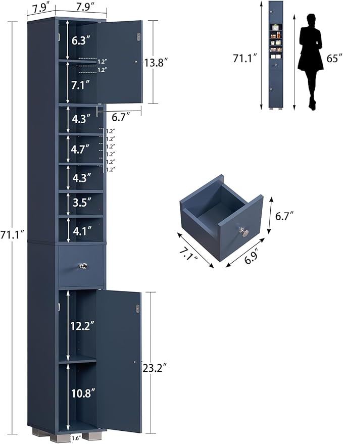 TEENFON Bathroom Cabinet, Narrow Bathroom Storage Cabinet with 5 Adjustable Shelves & Drawer, Freestanding Cupboard for Small Spaces, Blue