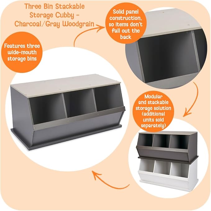 Badger Basket Three Bin Stackable Toy Storage Cubby Organizer for Kids, Playroom, Nursery, or Bedroom – Durable Wooden Design with Open Front Bins for Books, Toys & More – Charcoal/Light Gray
