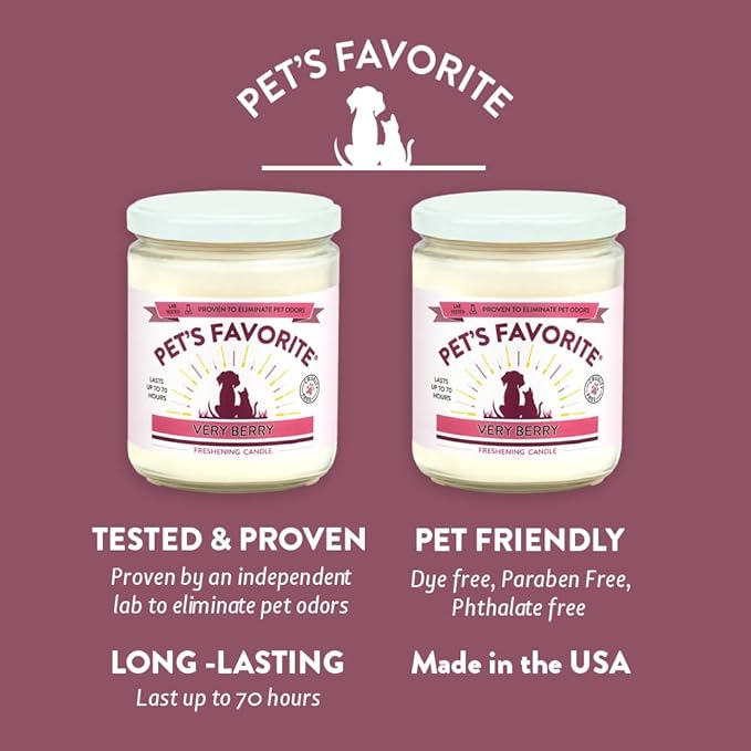 Pet's Favorite Pet Odor Candle, Clean Burning, Long Lasting Scented Candles with a Natural Fiber Wick and 70 Hour Burn Time, Very Berry Pack of 2