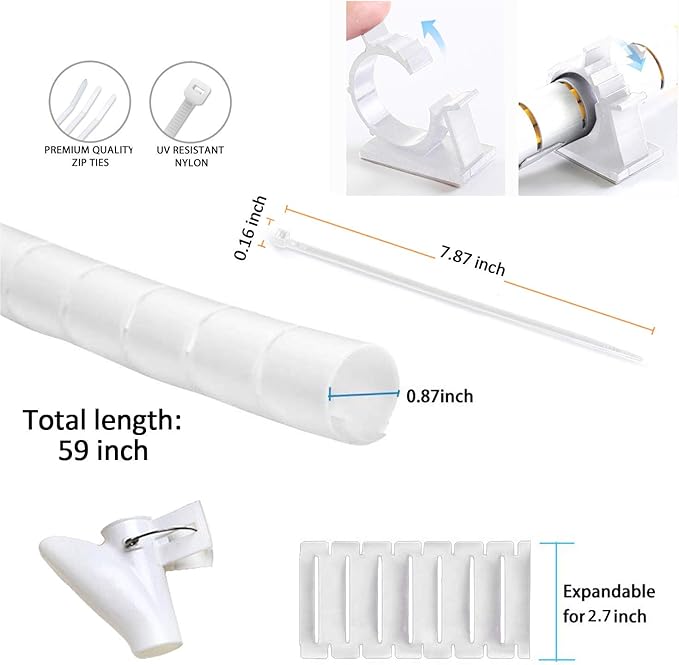 White Cable Management Sleeve Tubes, Power Cord Organizer Protectors for Pets, 2 PCS VIWIEU Cable Bundler with Electrical Cable Clips and Zip Ties, Computer Under Desk Wire Holder Solutions