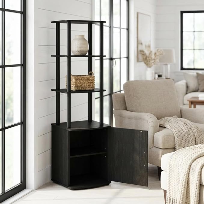 Furnifact Blackwood and Black 3 Tier TV Stand, Modern Living Room Media Console with Storage Cabinet, Wooden Construction and Sleek Entertainment Design