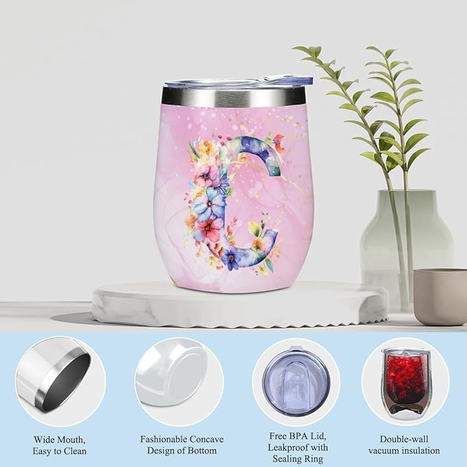 Personalized Gifts Monogrammed Birthday Gifts for Women, Cowerker Bride Wife Sister Wedding Christmas Initial Wine Tumbler Makeup Bag Scented Candle Bracelet Set, (Aesthetic Pink Flower C)