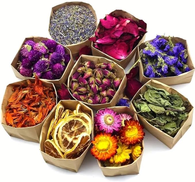 9 Bags Set Dried Flowers - Candle Making Soap Making DIY Candel Natural Flowers-,Lily,Don't Forget Me,Lavender,Mint Leaf,Rose Petal, Red Rose,Globe Amaranth,Chrysanthemum.