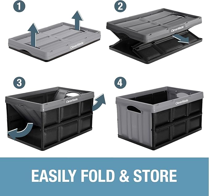 CleverMade Collapsible Storage Bins 32L 3 Pack – Heavy Duty Foldable Storage Bins with Built-In Handles for Garage Storage and Home Organization - Obsidian