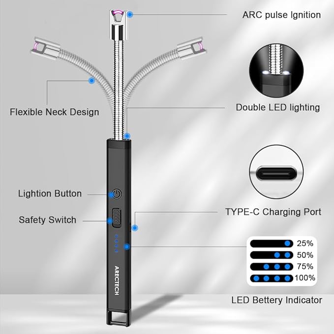ARECTECH Candle Electric Lighter Rechargeable USB Arc Lighters for Candle Camping Fireworks Christmas Birthday Gifts with LED Light for Men Women Black