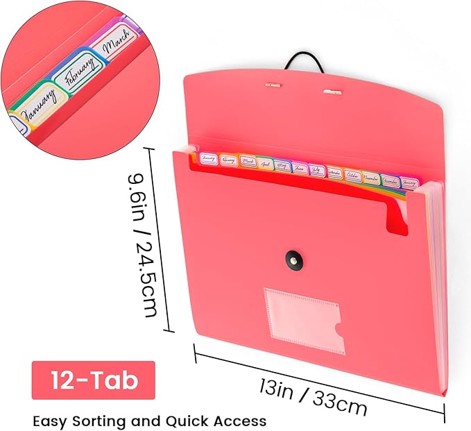 13 Pocket Accordion File Organizer with Elastic Closure, Expanding File Folder for Letter Size A4 Papers, Ideal for Home, Office Supplies, College Essentials - Pink
