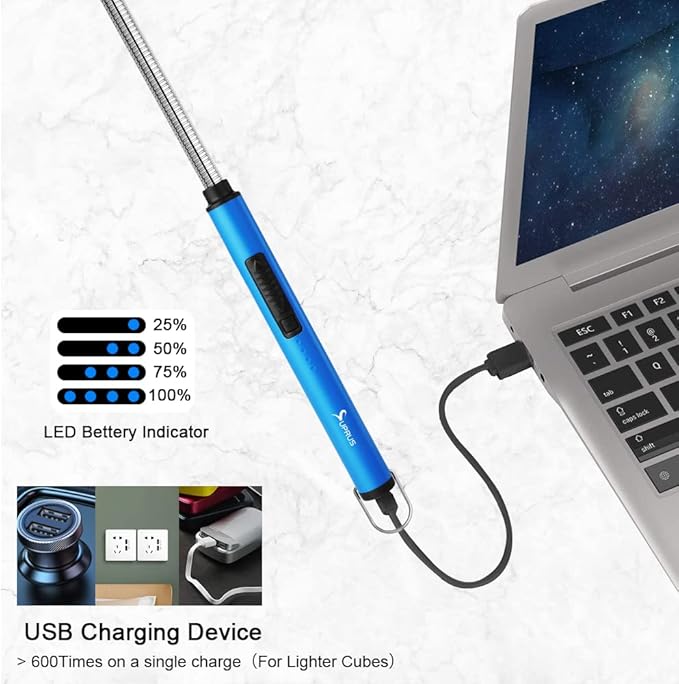 SUPRUS Fluorescent Lighter Glows in The Dark 360°Flexible Neck USB Rechargeable Windproof Triple Safety for Candle Cooking BBQ in Party (Blue)