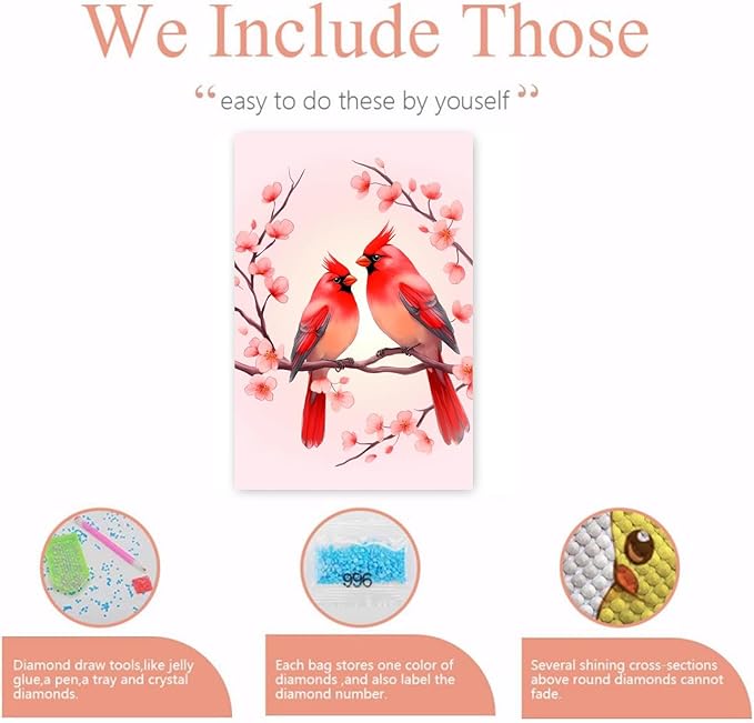 GUAIEUW Wreath of Red Birds in Love Diamond Painting Kit for Adults, Full Round Diamond Cardinal Bird 5D Diamond Painting DIY Art Crafts for Winter Home Wall Decor Holiday Gift 16x20 Inch