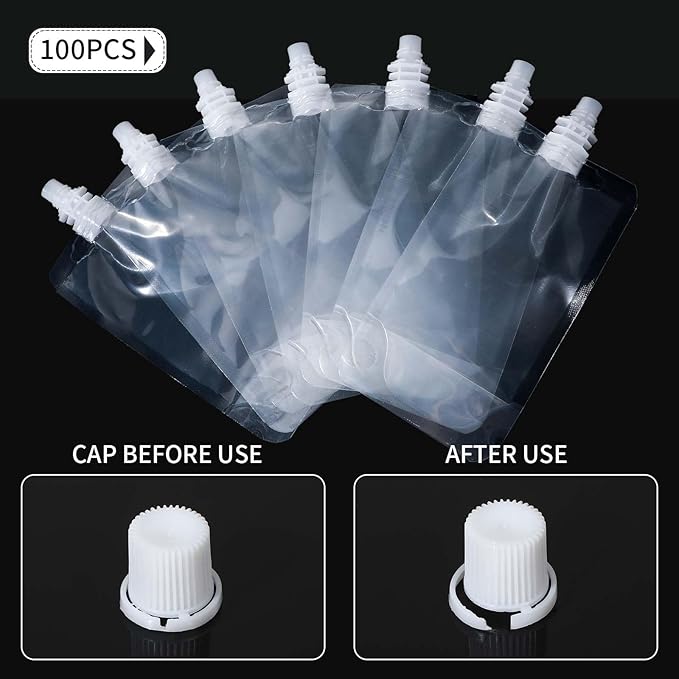 100 Pcs Plastic Pouches Bulk Clear Juice Bags Squeeze Pouches Plastic Leak Proof Bags with Funnel for Party Favors (15 oz)