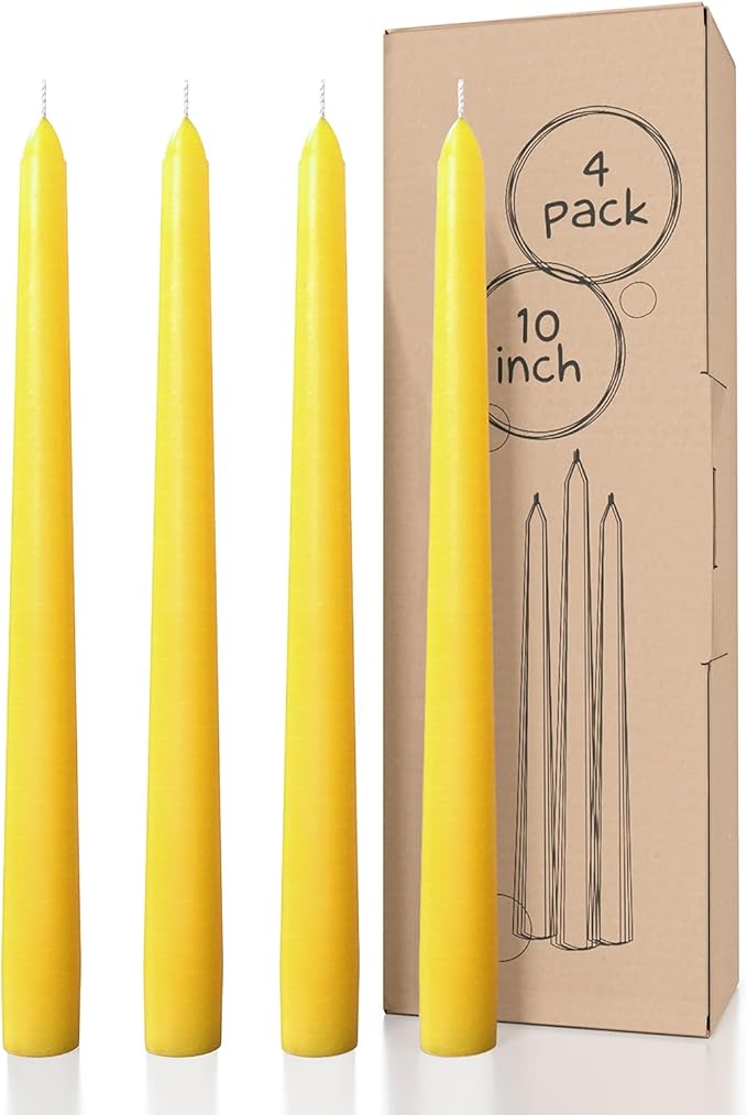 CANDWAX 10 inch Yellow Taper Candles Pack of 4 - Unscented Smokeless Dripless Yellow Candles - Perfect for Home Décor, Special Occasions and Ordinary Dinners - Easter Candlesticks