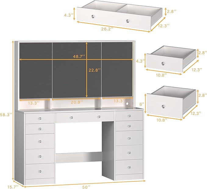 HUAHUU Vanity Desk with Mirror and Lights, 50" Makeup Vanity with Glass Top & Power Outlet, White Vanity with 11 Drawers & 8 Hidden Storage Shelves, 3 LED Lighting Modes Adjustable for Bedroom