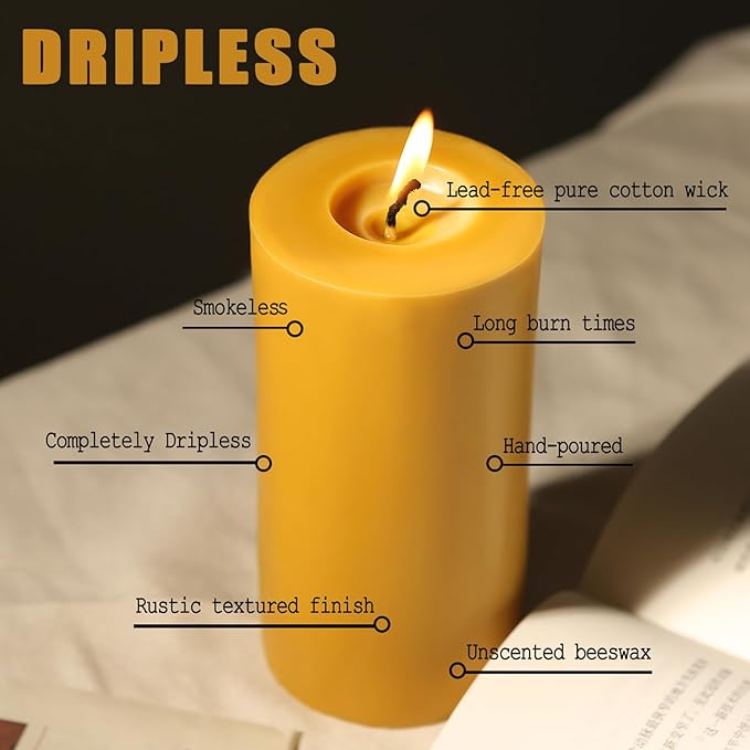 Natural Beeswax Candles Pillar, 2 Packs, 70 Hours Burn Time, 100% Pure Beeswax Candles for Home Deco, Smokeless & Dripless Bees Wax Candle for Relax, Prayer, Air Purification, 2x4 inch