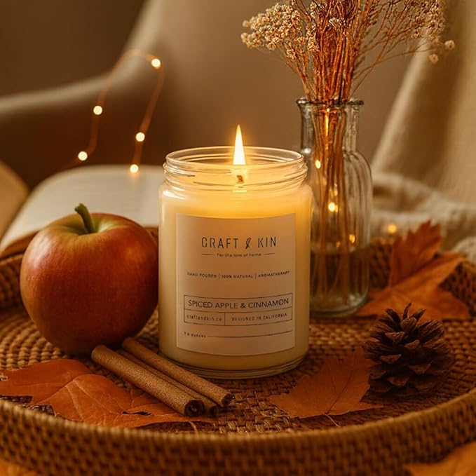 Craft & Kin Apple and Cinnamon Scented Candles | 8 Oz, 45-Hour Long Lasting | Classic Soy Winter Candle with Wood Wick | Made with Natural Soy | Candles Gifts for Men and Women