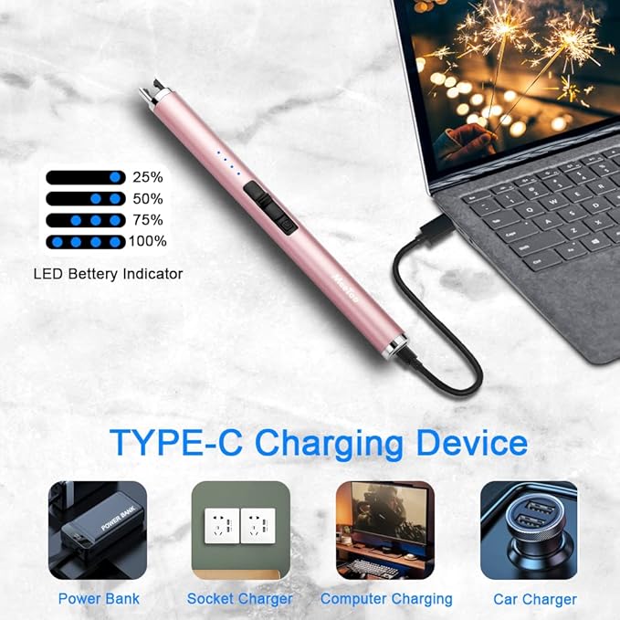 MeeToo Candle Electric Lighter Rechargeable USB Type-C Lighters for Candle Christmas Kitchen Camping Party, Gifts for Wife Women Men Nana Rose Gold