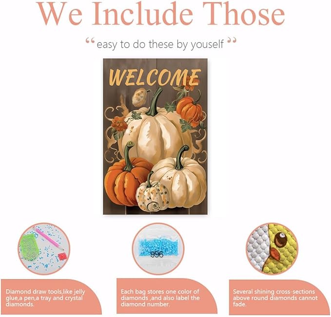 GUAIEUW DIY Diamond Painting Kit - Autumn Pumpkin Diamond Painting, 5D Full Round Diamond Diamond Art Painting for Adults with Accessories, Home Wall Decor Premium Gift 20x24 Inch