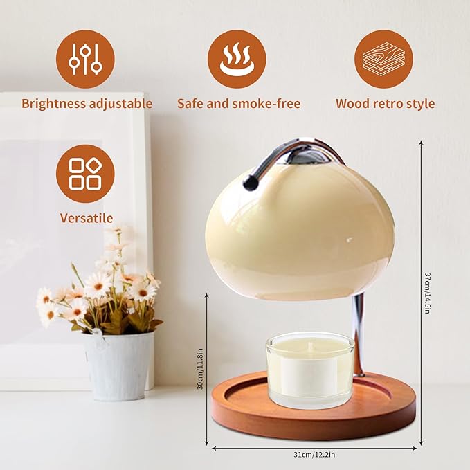 Topyond Aroma Wax Melting Lamp Retro Wood Storage Tray Glass Candle Warmer Desk Lamp, Bedroom Bedside Ambient Table Lamp Home Decor US Plug for Valentine's Day (Beige)