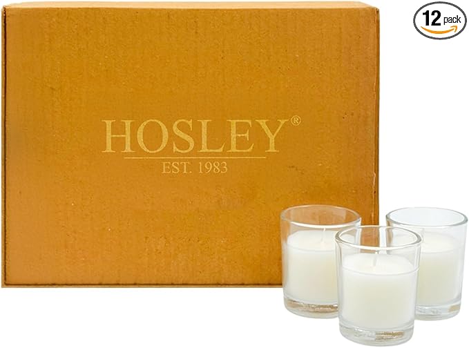 Hosley Set of 12 Ivory Unscented Votive Candles 12 Hour Burn Time Hand-Poured Wax in Clear Glass Holders Long-Lasting, Smokeless Candles for Weddings, Home Décor, Spa & Events.