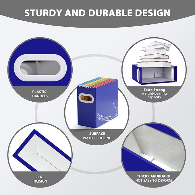 Hanging File Organizer Box, 3 Pack Dard Blue Cardboard File Folder Holder for Letter Size, Portable Desk Document Storage with Handles, for Office,Home,School