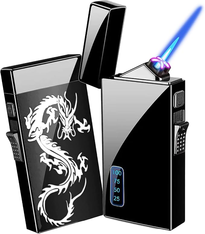 Torch Lighter, Dual Arc and Jet Flame - 2 in 1, USB Rechargeable with Battery Indicator, Refillable Windproof Plasma Lighter (No Butane) - Black