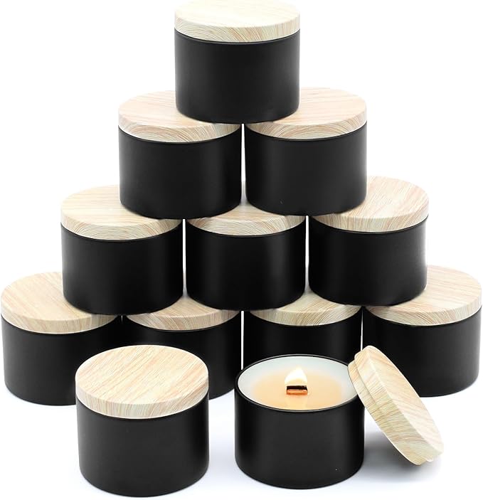 12-Pack Candle Jars, 4oz Candle Tins with Metal Wood-Grain Printing Lids, Empty Metal Candle Jars for Making Candles Bulk Candle Containers -Black