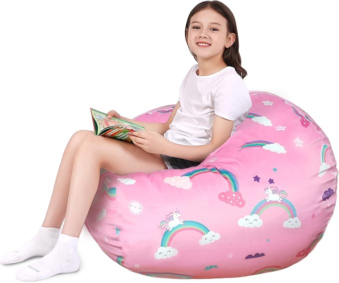 Lukeight Unicorns Stuffed Animals Storage Bean Bag Chair Cover Only (Ships Empty, No Filling) - Velvet YKK Zipper Beanbag Cover for Kids Big kids, Washable Plush Toy Organizer, X-Large 30" D x 18" H