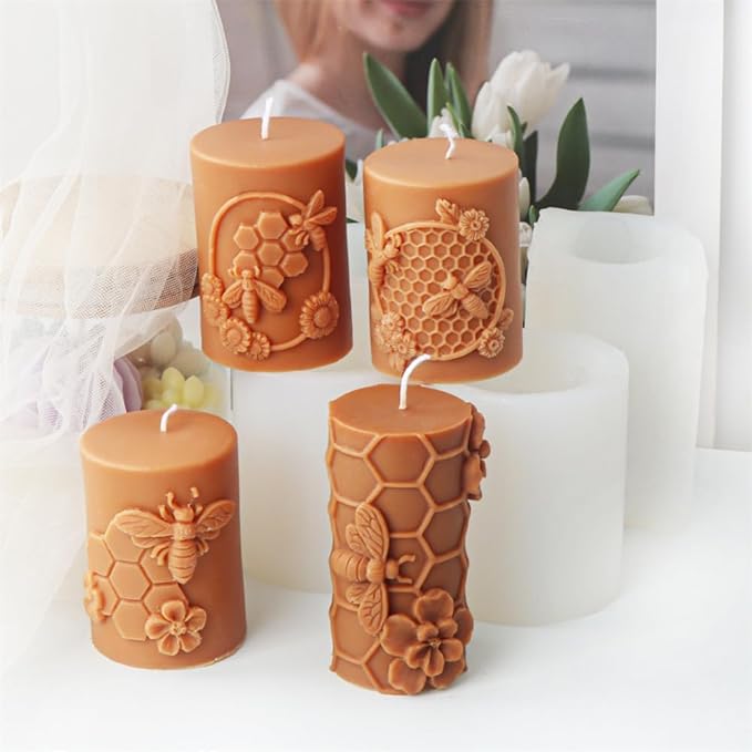 Bee Honeycomb Flower Cylinder Candle Mold, Honeybee Beehive Pillar Silicone Mold for Beeswax Candle, Soy Wax Candle, Plaster Ornament, DIY Crafts (C)