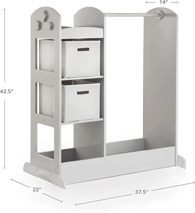Guidecraft See and Store Dress-up Center – Gray: Kids Dramatic Play Storage Armoire with Mirror, Rack, Shelves & Bottom Tray - Toddlers Costume & Toy Organizer Furniture