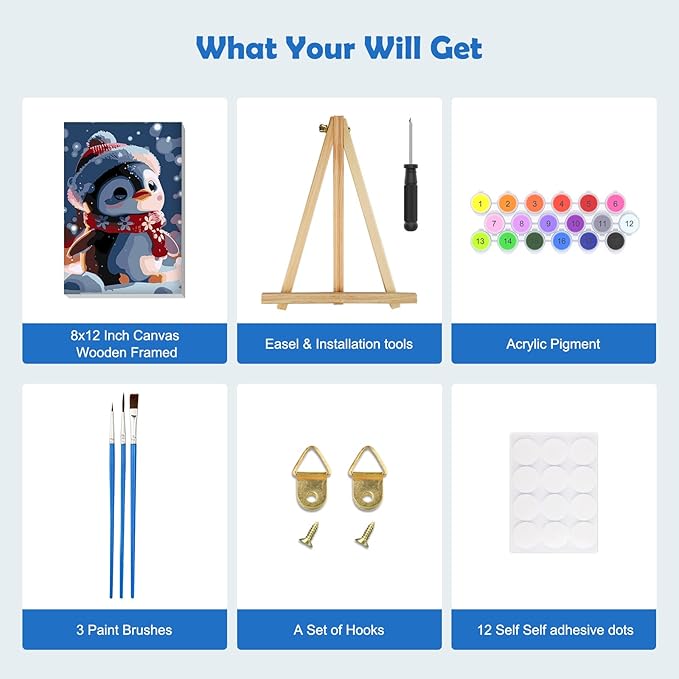 MOGTAA Christmas Paint by Numbers Kit for Adults Beginners with Frame, Penguin Adult Paint by Number Kits on Canvas with Easel, Easy DIY Winter Oil Painting Kits for Home Decor, 8x12in