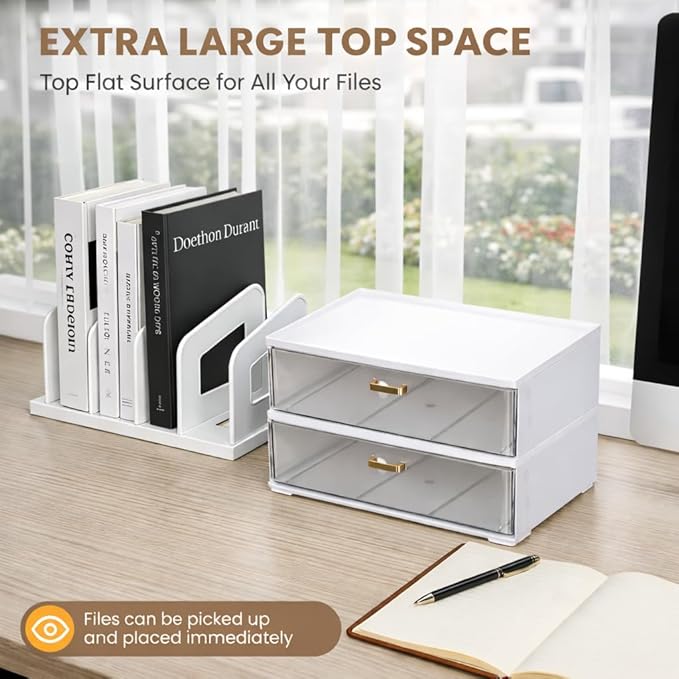 LALOBLUE White Acrylic Desk Organizer with Drawer & File Holder, Stackable Modular Storage System, Multi-Layer Desktop Organizer, Space Saving Desk Organizer for Home Office & Study