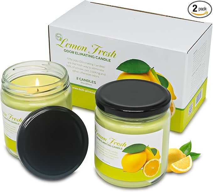 Candle Set Odor Eliminating – 2 Pack - 12oz – Long-Lasting Soy Wax Candles – Neutralizes Pet, Kitchen & Smoke Odors – Clean Burn, Eco-Friendly, Aromatherapy Candle (Lemon Fresh)
