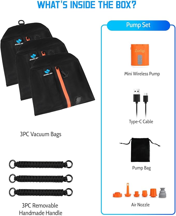 Zurligi Vacuum Compression Bags with Pump for Travel – IPX8 Waterproof Vacuum Packing Cubes, Reusable Carry-On 39L Bags for Clothes, Suitcase & Backpack(3-Pack Black)