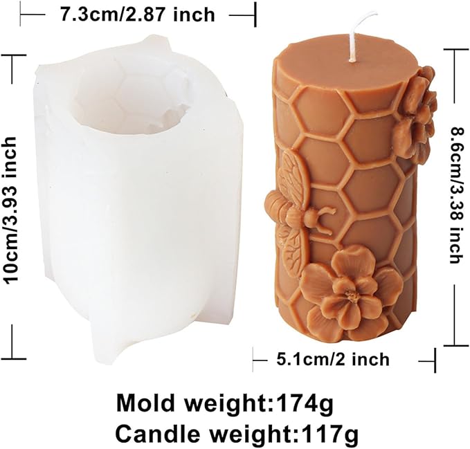 Bee Honeycomb Flower Cylinder Candle Mold, Honeybee Beehive Pillar Silicone Mold for Beeswax Candle, Soy Wax Candle, Plaster Ornament, DIY Crafts (C)