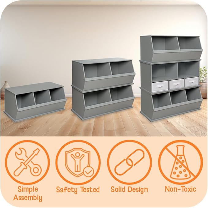 Badger Basket 3-Bin Stackable Toy Storage Cubby Organizer, Modular Space-Saving Storage for Toys, Blankets, Crafts, Playroom, Bedroom, or Living Room – White & Light Gray