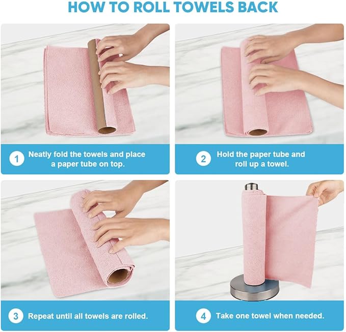 AIDEA Microfiber Cleaning Cloth Roll, 75PK, Tear Away Reusable Paper Towels, Pink Towels Lint Free Rags for House, Kitchen, Car Cleaning Supplies, 11.5"×11.5"