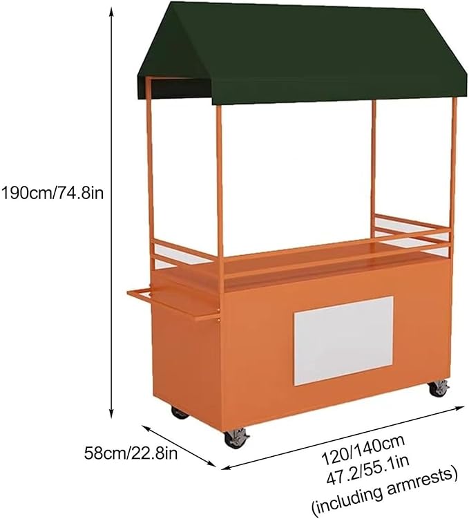 JKGHK Vending Iron Cart with Canopy, 4-Wheel Portable Mobile Dining Market Stall, Outdoor Dining Carts Market Stall, for Street Food, Handicrafts, Snacks(Red white,100cm/39.3in)