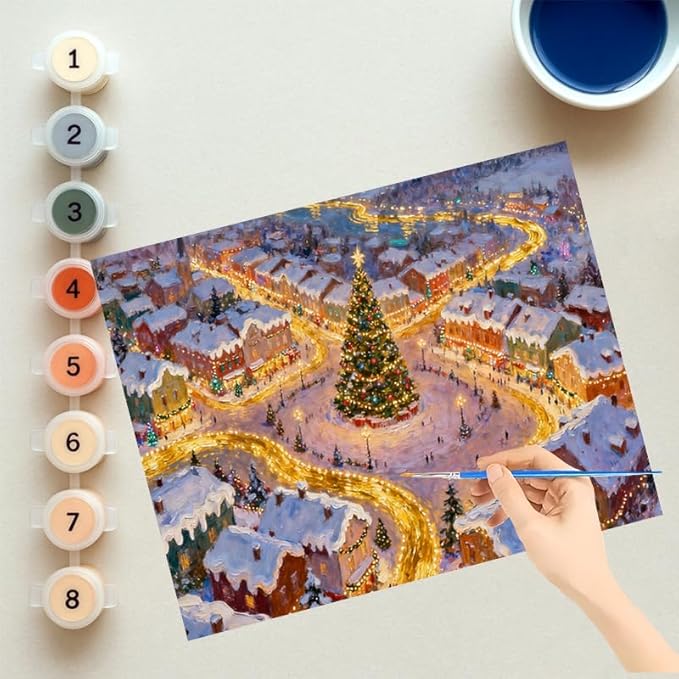 EnLvYY Christmas Town Paint by Numbers Adult 16x20 Inch, DIY Acrylic Painting Kit for Beginners, Holiday Village Winter Night Scene Wall Art Home Decoration, Gift for Family and Friends, Unframed