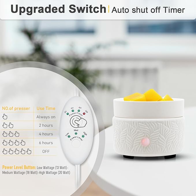 Candle Wax Melts Warmer Burner - Ceramic Essential Oil Warmer 3-in-1 candle warmer Timer Adjust Fragrance Intensity Auto Shut Off for Scented Wax Tart Cube Aromatherapy Home Office Bedroom Decor Gifts
