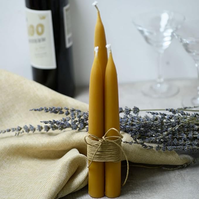10 inch Natural Beeswax Taper Candles Set of 12, DEYBBY Smokeless and Dripless Beeswax Candles, 9Hrs Burn Time, Nontoxic