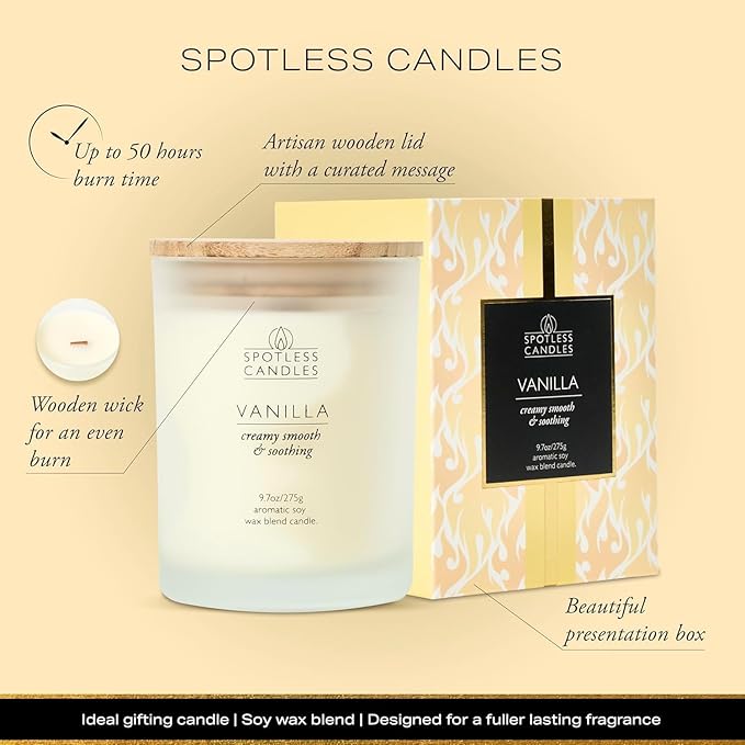 Vanilla Candle 9.7 oz: 55 Hrs Burn Time - Vanilla Scented Candles in Frosted Glass Jar with Wooden Crackling Wick in a Luxurious Gold Foil Lined Gift Box