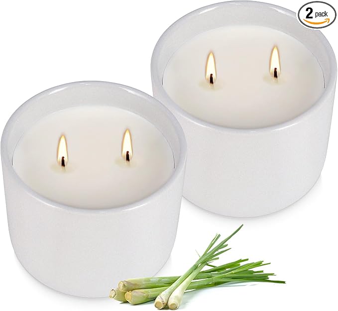2-Pack Citronella Candles in White Ceramic Jars - 2 Cotton Wicks, Citronella Oil with Elegant White Pillar Design Perfect for Outside Patio, Camping & Garden, Summer Gifts for Indoor Home