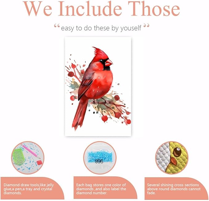 GUAIEUW Proud Red Bird Diamond Painting Kit for Adults, Full Round Diamond Cardinal Bird 5D Diamond Painting DIY Art Crafts for Winter Home Wall Decor Holiday Gift 20x30 Inch