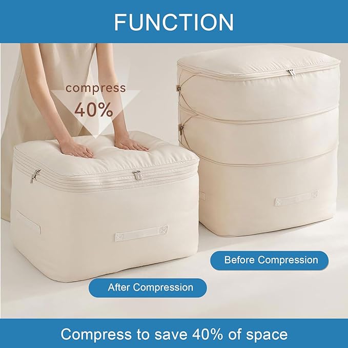 2PCS Comforter Storage Bag, 2-Layer Zipper Large Capacity Storage Bag, Ultra Space Saving Self Compression Storage Bags for Comforters, Clothes, Pillows, Duvet and Bedding Sets (Beige, Large)