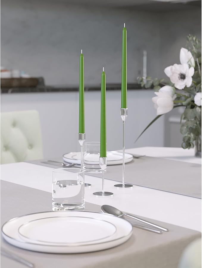 CANDWAX 10 inch Taper Candles - Set of 4 - Dripless, Unscented and Smokeless - Green Tapered Candle Sticks - Perfect for Dinner - Grass Green Candles