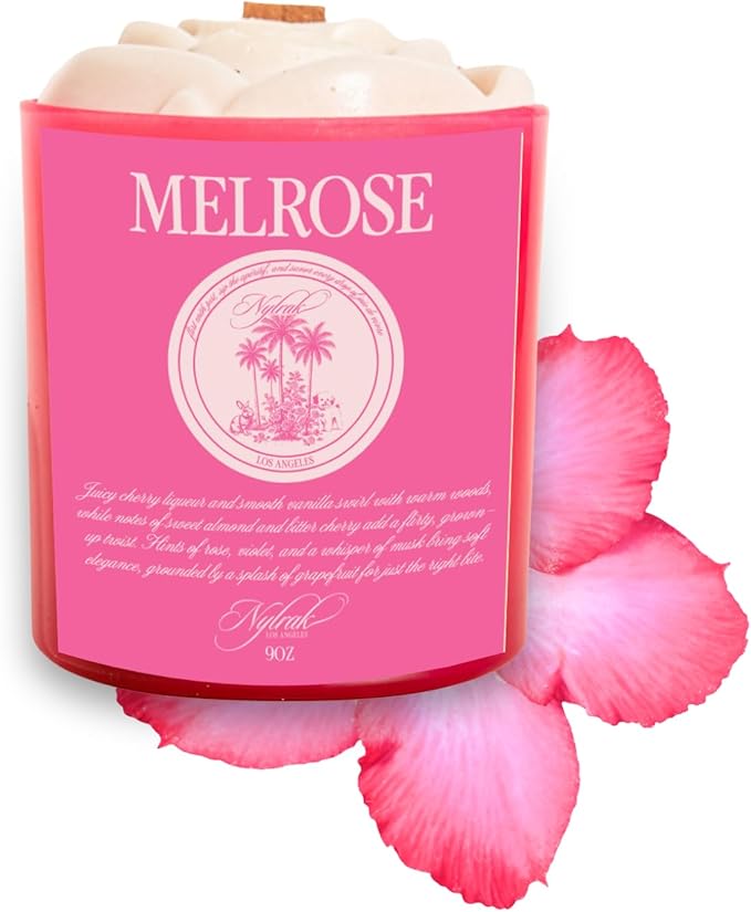 Body Oil Massage Candle | Melts into Skin Softening Warm Massage Oil - Natural Wood Wick - Soy & Coconut Wax – Cherry & Vanilla with Rose Scents - Self Care Gift (Melrose 14oz)