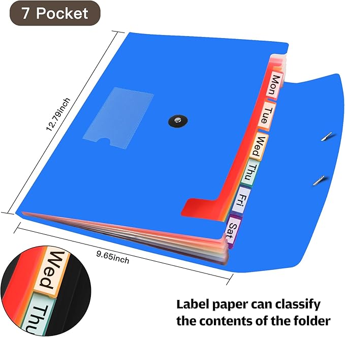 7 Pocket Accordian File Folders, Expanding File Folder A4 Letter Size Paper Portable Document Organizer-Blue