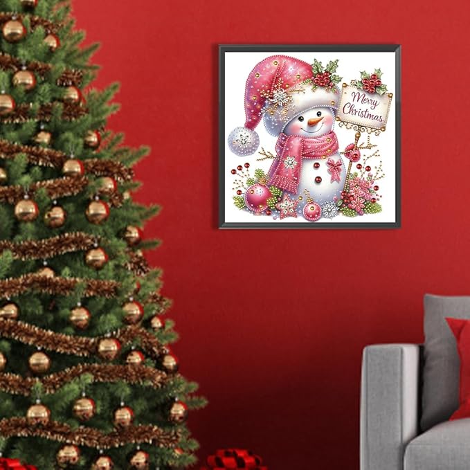 Pink Snowman 5D Special Shape Diamond Art Kits for Beginners, Christmas Winter Theme Diamonds Painting Kits for Adults,DIY Crystal Rhinestones Diamond Paintings for Home Wall Decor 12×12Inch