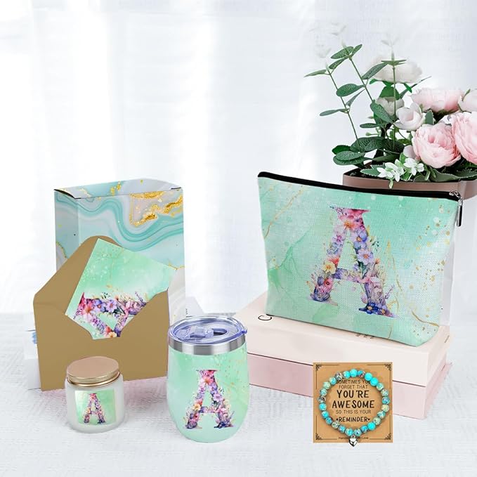 Personalized Gifts Monogrammed Birthday Gifts for Women, Bridesmaid Bachelorette Party Wedding Christmas Initial Wine Tumbler Makeup Bag Scented Candle Bracelet Set, (Aesthetic Green Flower A)