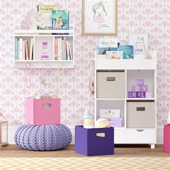 RiverRidge Home Bookshelf for Kids Toy Storage Cabinet with Cubbies Book Nook Area- 4 Cubbies, 2-Slot Bookrack, 2 Drawers & Hooks for Kids Toys, Games & Book Storage Fits RiverRidge Folding Cubby Bins