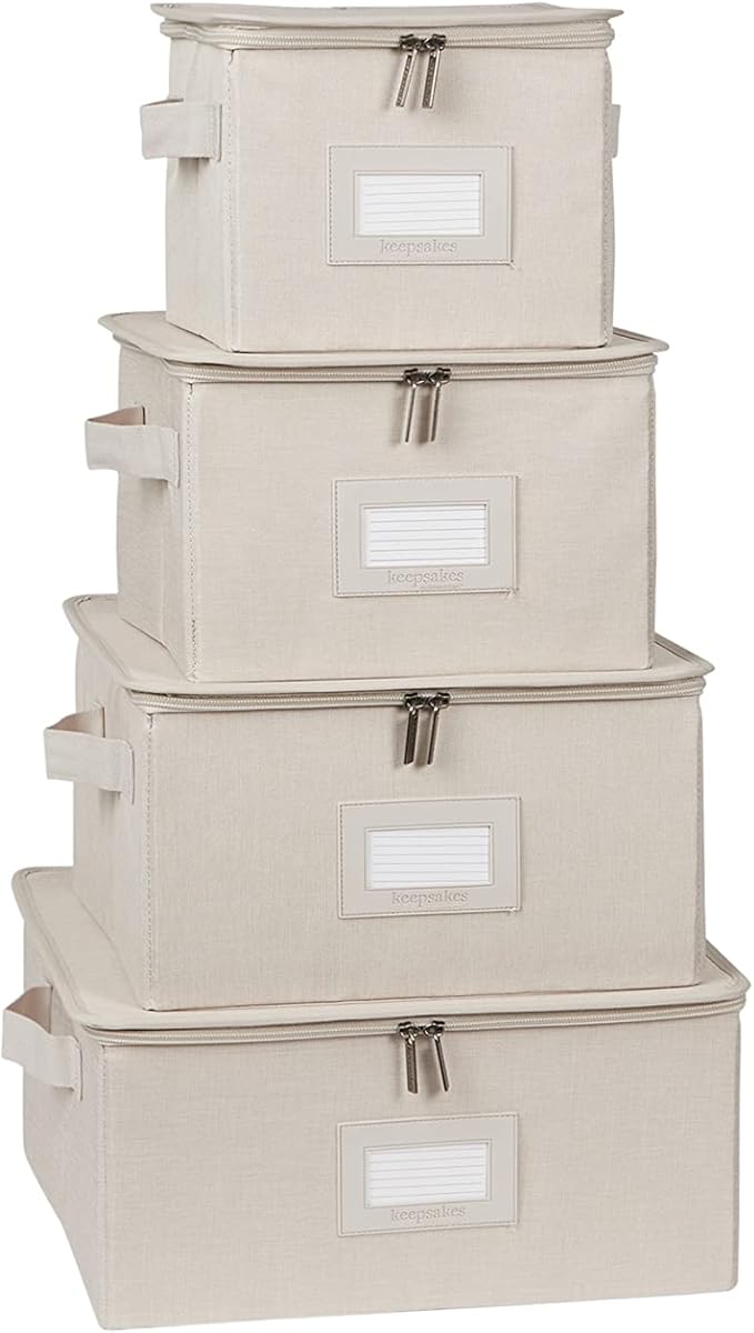 Covermates Dish Storage Box Set – China & Dinner Plate Storage Containers with Felt Dividers, Dual Zippers, Reinforced Handles, ID Window & Stackable Design, Beige Heather