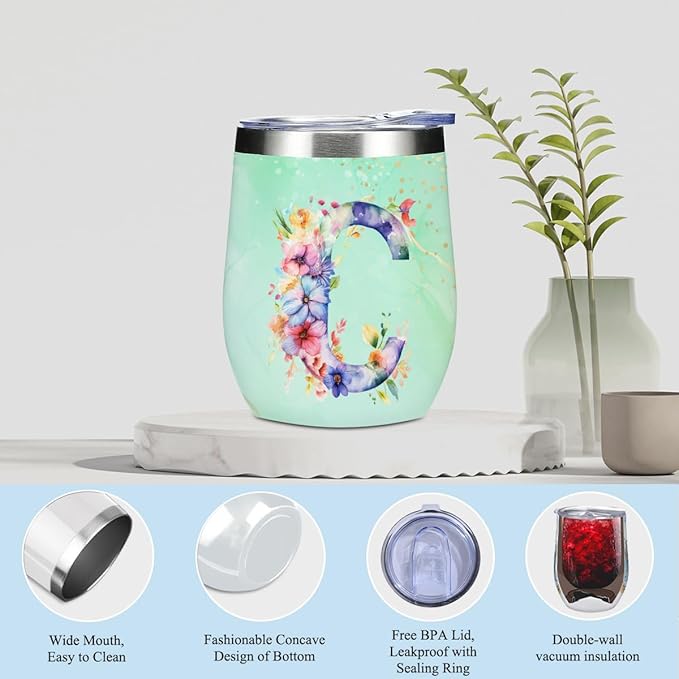 Personalized Gifts Monogrammed Birthday Gifts for Women, Cowerker Bride Wife Sister Wedding Christmas Initial Wine Tumbler Makeup Bag Scented Candle Bracelet Set, (Aesthetic Green Flower C)